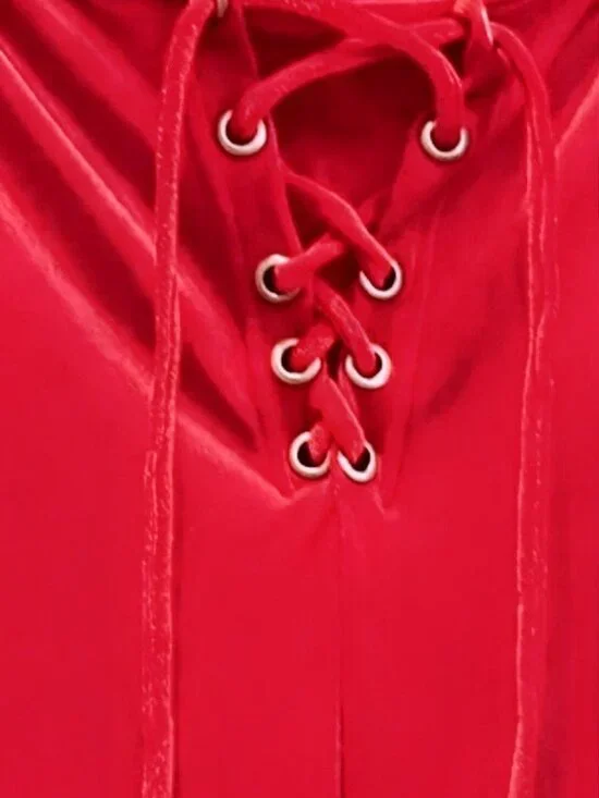 Red Lace Up Velvet Bell Bottom Pants - Picture 2 of 5